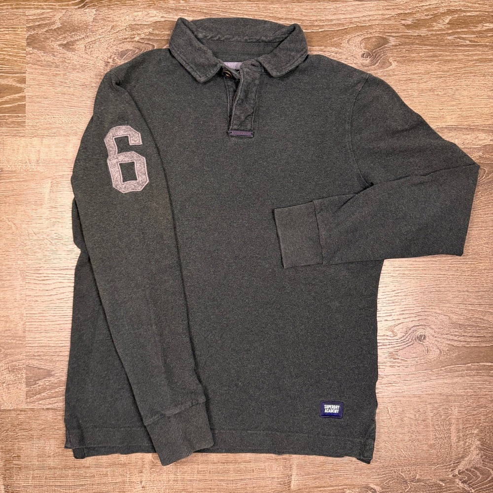 Superdry‎ Academy Polo Mens XL Dark Green Long Sleeve Rugby Shirt Patch